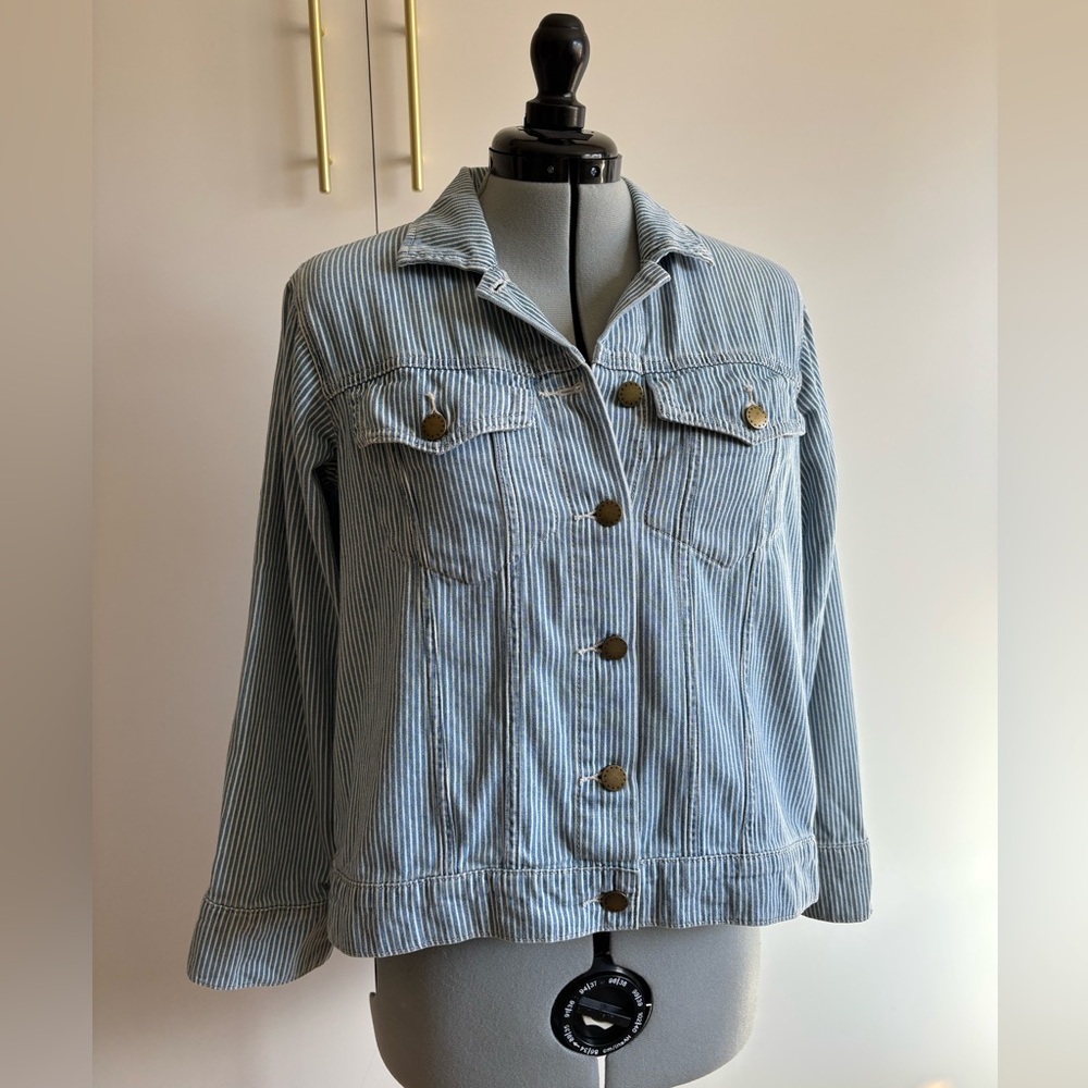 THE GREAT. Light Blue Striped Jean Jacket